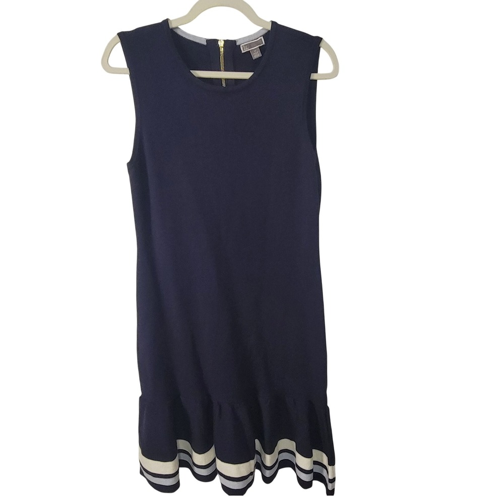 Chelsea28 Womens Dress Medium Sleeveless Navy Blue White Striped‎ Knit Ruffle